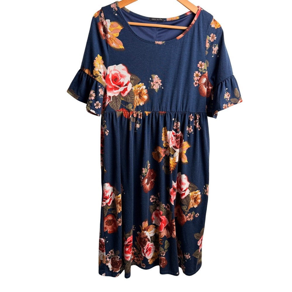 Sweet Claire Floral Babydoll Dress M Navy‎ Blue Ruffle Sleeve Boho Casual